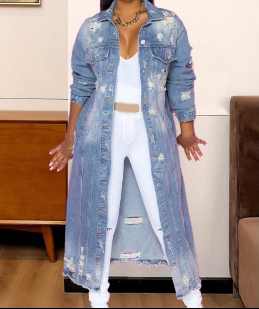 Denim distressed long jacket π