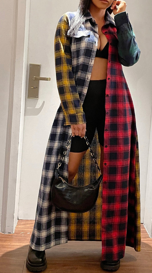 Lapel long plaid blouse💕