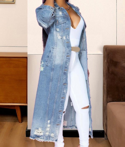 Denim distressed long jacket ๐